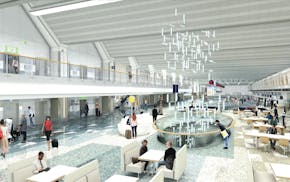 This rendering depicts how a multi-level piece of art will flow from departures to arrivals at MSP; the sculpture shown is merely a placeholder. Provi