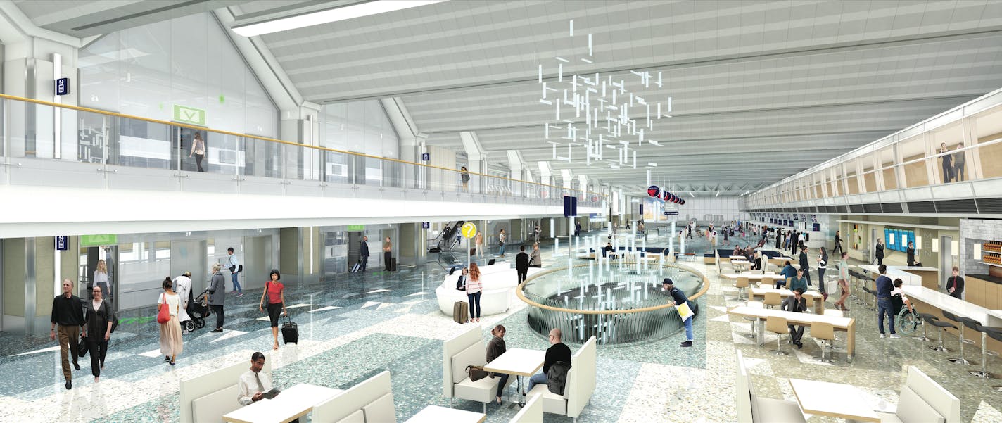 This rendering depicts how a multi-level piece of art will flow from departures to arrivals at MSP; the sculpture shown is merely a placeholder. Provided by MSP Airport