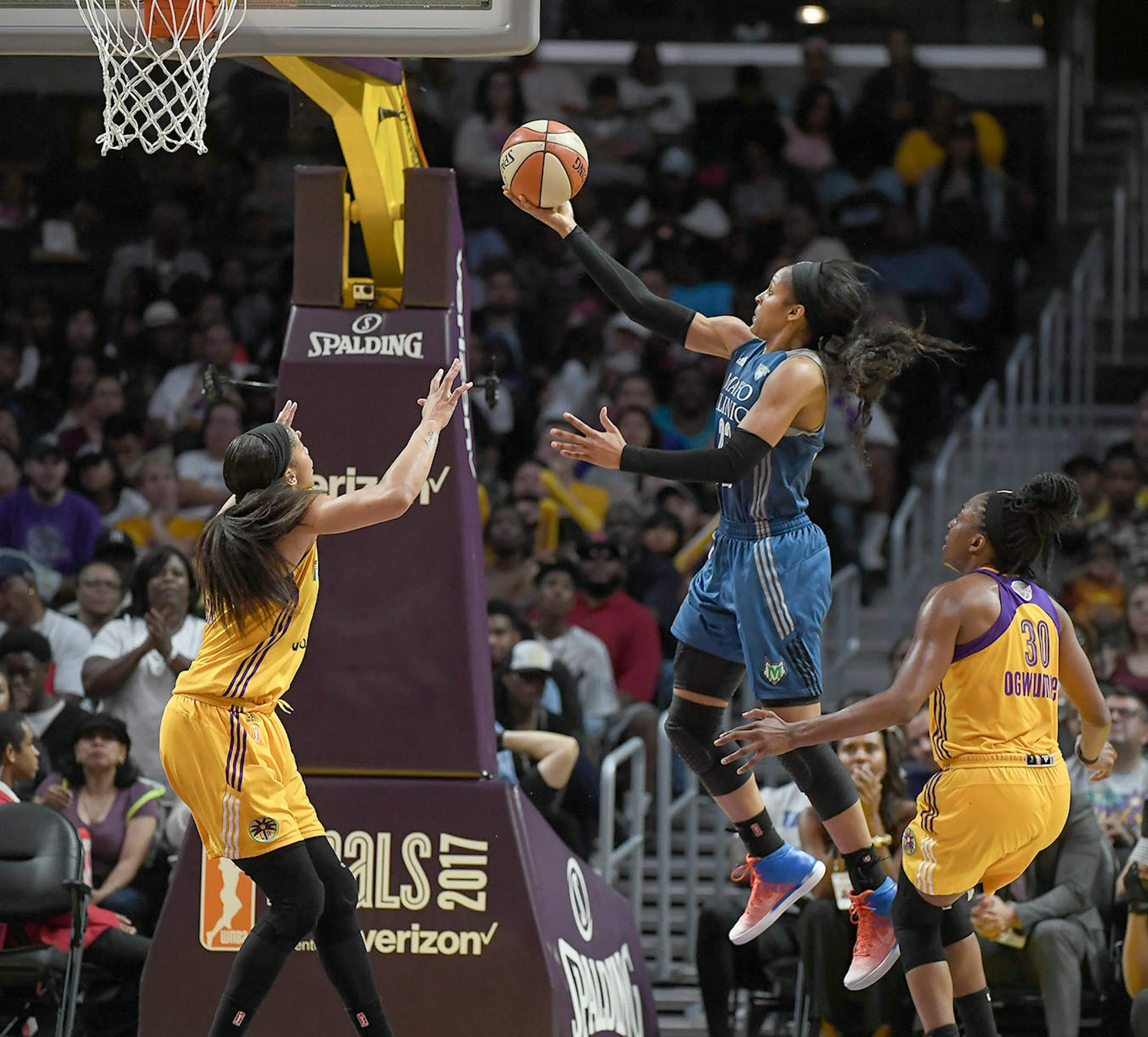 Minnesota Lynx forward Maya Moore (23) scored a basket on a layup to give Minnesota a 17-point lead over the Los Angeles Sparks in the second half.
