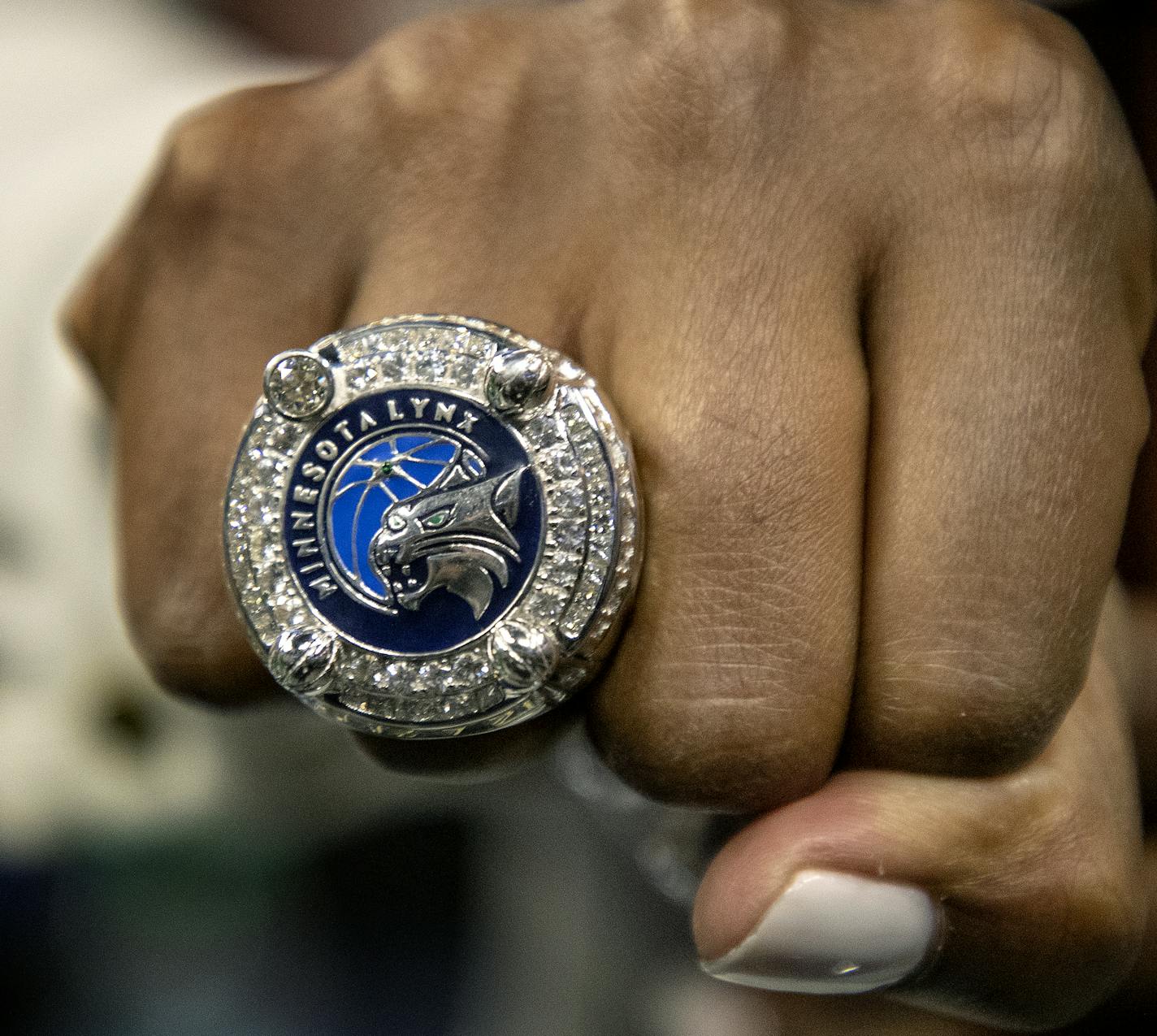 Jia Perkins showed her WNBA Champions ring. The Minnesota Lynx received their Championship rings before the start of the season opener at Target Center. ] CARLOS GONZALEZ &#x2022; cgonzalez@startribune.com &#x2013; May 20, 2018, Minneapolis, MN, Target Center, WNBA, Minnesota Lynx vs. Los Angeles Sparks