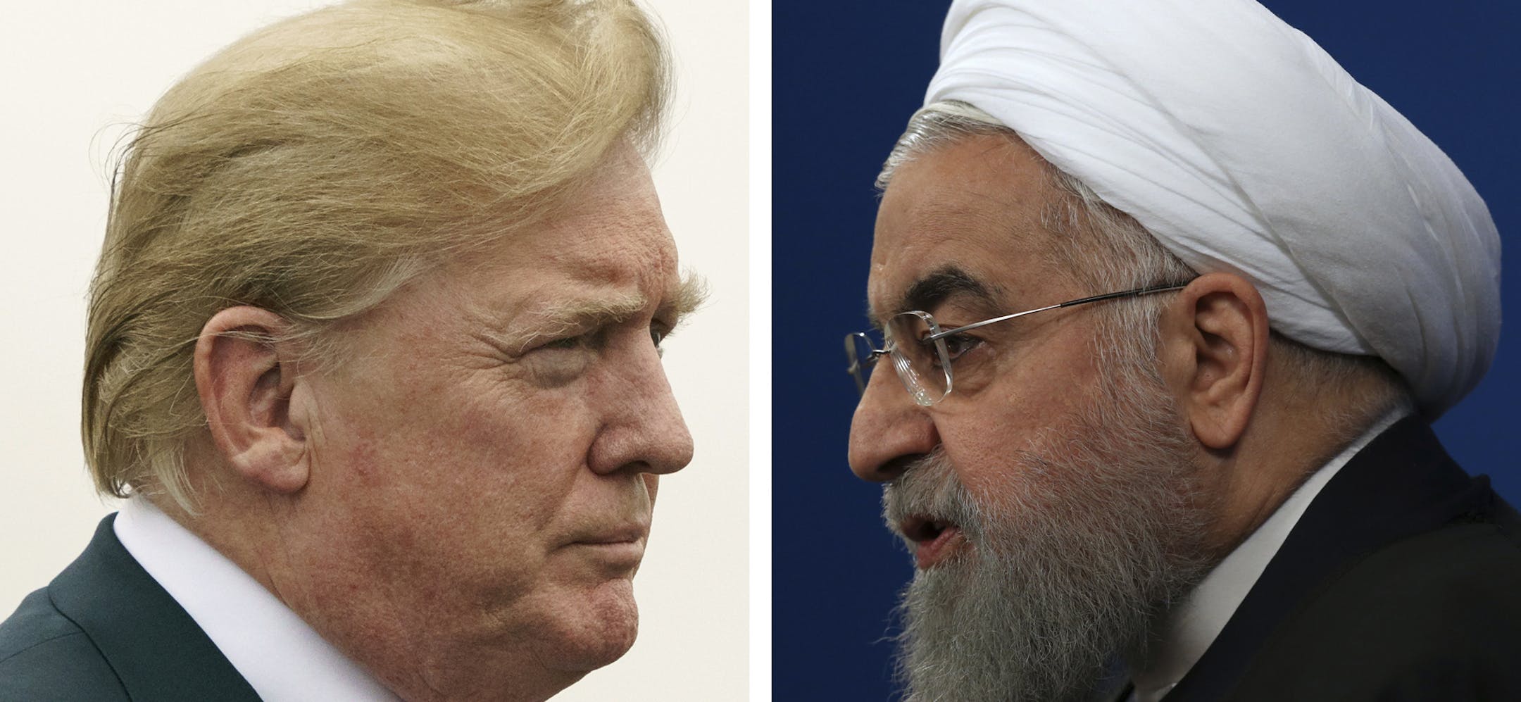 COMBO - This combination of two pictures shows U.S. President Donald Trump, left, on July 22, 2018, and Iranian President Hassan Rouhani on Feb. 6, 2018. In his latest salvo, Trump tweeted late on Sunday, July 22 that hostile threats from Iran could bring dire consequences. This was after Iranian President Rouhani remarked earlier in the day that ìAmerican must understand well that peace with Iran is the mother of all peace and war with Iran is the mother of all wars.î Trump tweeted: &