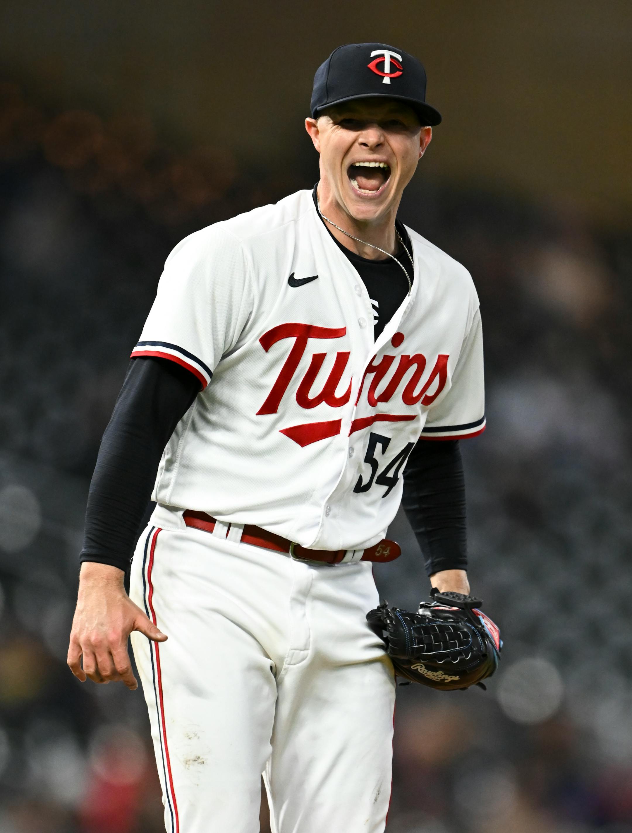 Minnesota Twins starting pitcher Sonny Gray (54)  celebrates after striking out New York Yankees right fielder Franchy Cordero (33) to end the top of the seventh inning Monday, April 24, 2023, at Target Field in Minneapolis, Minn..     ] AARON LAVINSKY • aaron.lavinsky@startribune.com