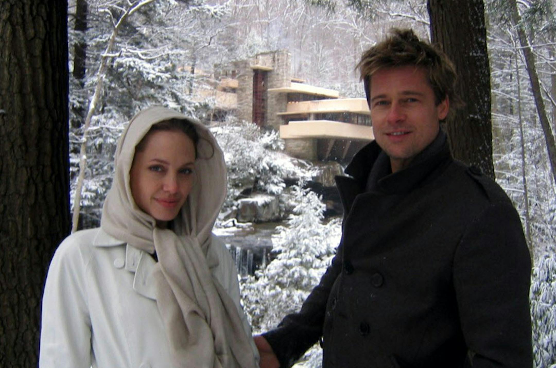 Brad Pitt and Angelina Jolie outside Fallingwater in Mill Run, Pa., in 2006. The couple visited Frank Lloyd Wright's architectural masterpiece for Pitt's birthday. Cara Armstrong, Fallingwater's curator of education, says Pitt said he wanted to experience Fallingwater ever since he took an architectural history course in college.