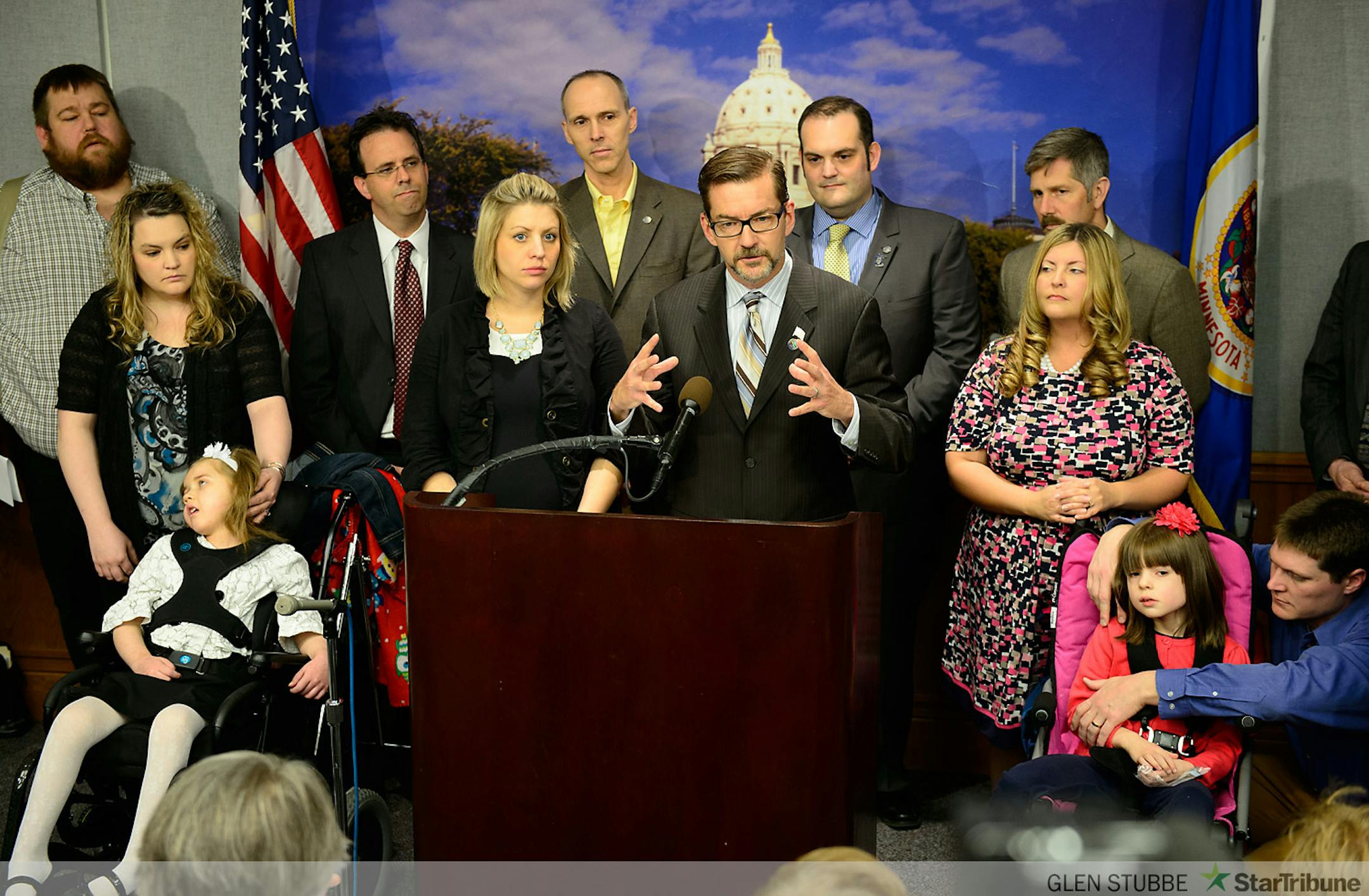 A bi-partisan group of lawmakers including Sen. Scott Dibble, Rep. Carly Melin and advocates held a news conference to present an agreement on a medical marijuana proposal that will go to a conference committee later today.     ]     Thursday, May 5, 2014   GLEN STUBBE * gstubbe@startribune.com