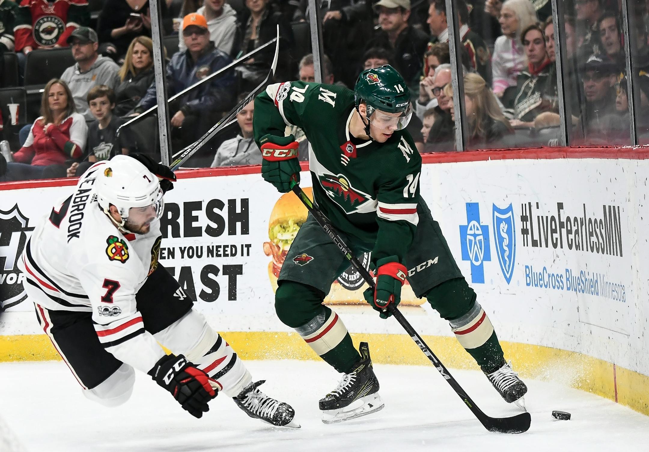Chicago Blackhawks defenseman Brent Seabrook (7) lost his footing while guarding Minnesota Wild center Joel Eriksson Ek (14) in the first period last month.
