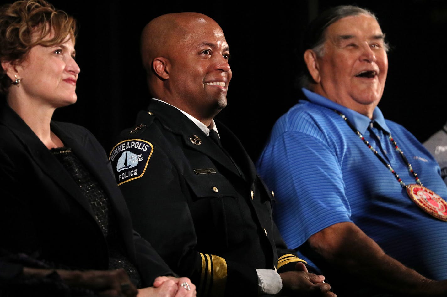 Newly appointed Minneapolis Police Chief Medaria Arradondo sat between Mayor Betsy Hodges and Clyde Bellecourt during a public swearing-in ceremony for Medaria Friday. ] ANTHONY SOUFFLE &#xef; anthony.souffle@startribune.com Newly appointed Minneapolis Police Chief Medaria Arradondo hosted a public swearing-in ceremony Friday, Sept. 8, 2017 at the Sabathani Community Center in Minneapolis.