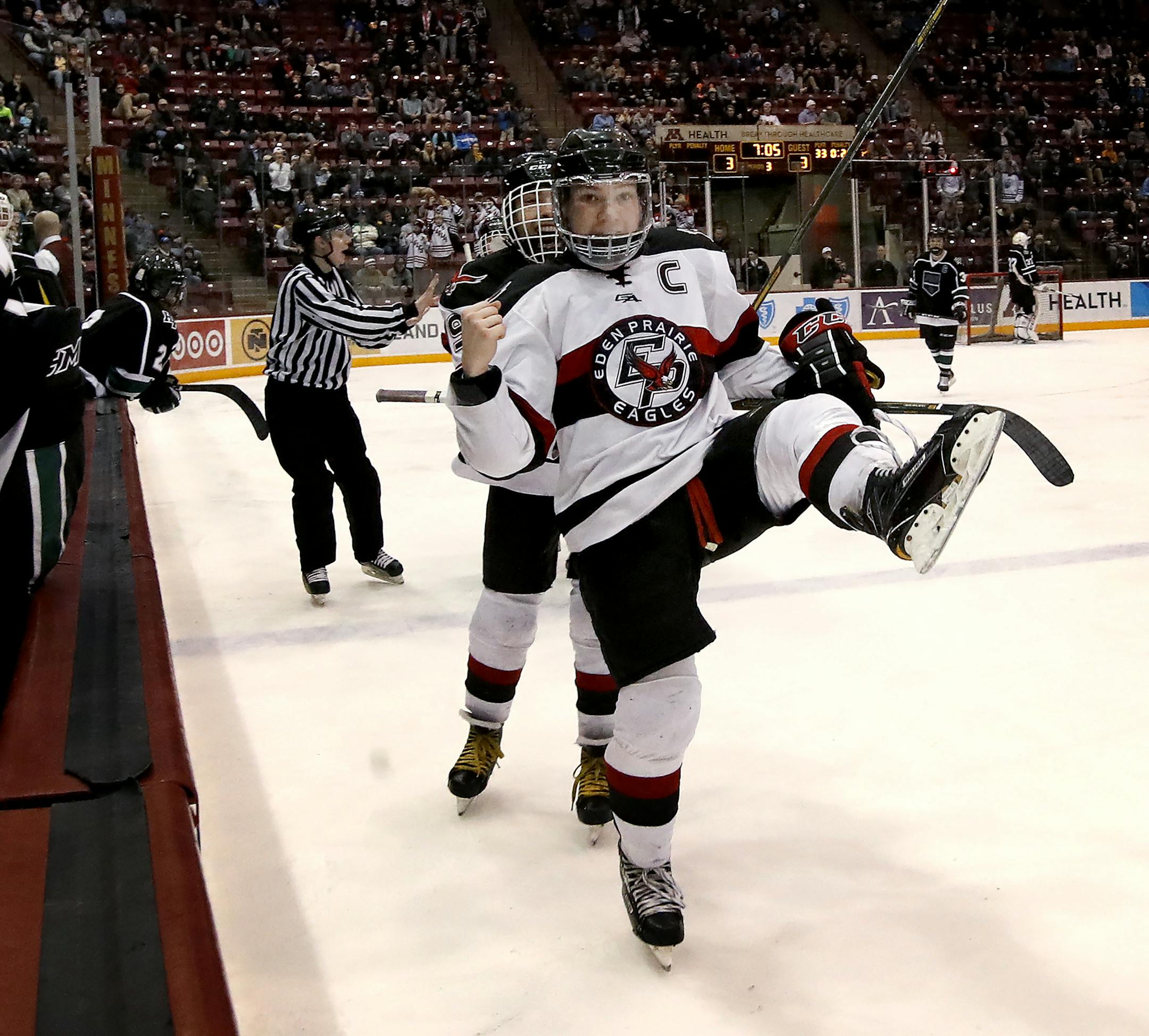 Nicky Leivermann (4) celebrated after scoring the go ahead goal in the third period. Eden Prairie beat Holy Family 4-3. ] CARLOS GONZALEZ &#xef; cgonzalez@startribune.com - March 1, 2017, Minneapolis, MN, Mariucci Arena, High School / Prep Boys Hockey Section 2 Finals; Eden Prairie vs. Holy Family