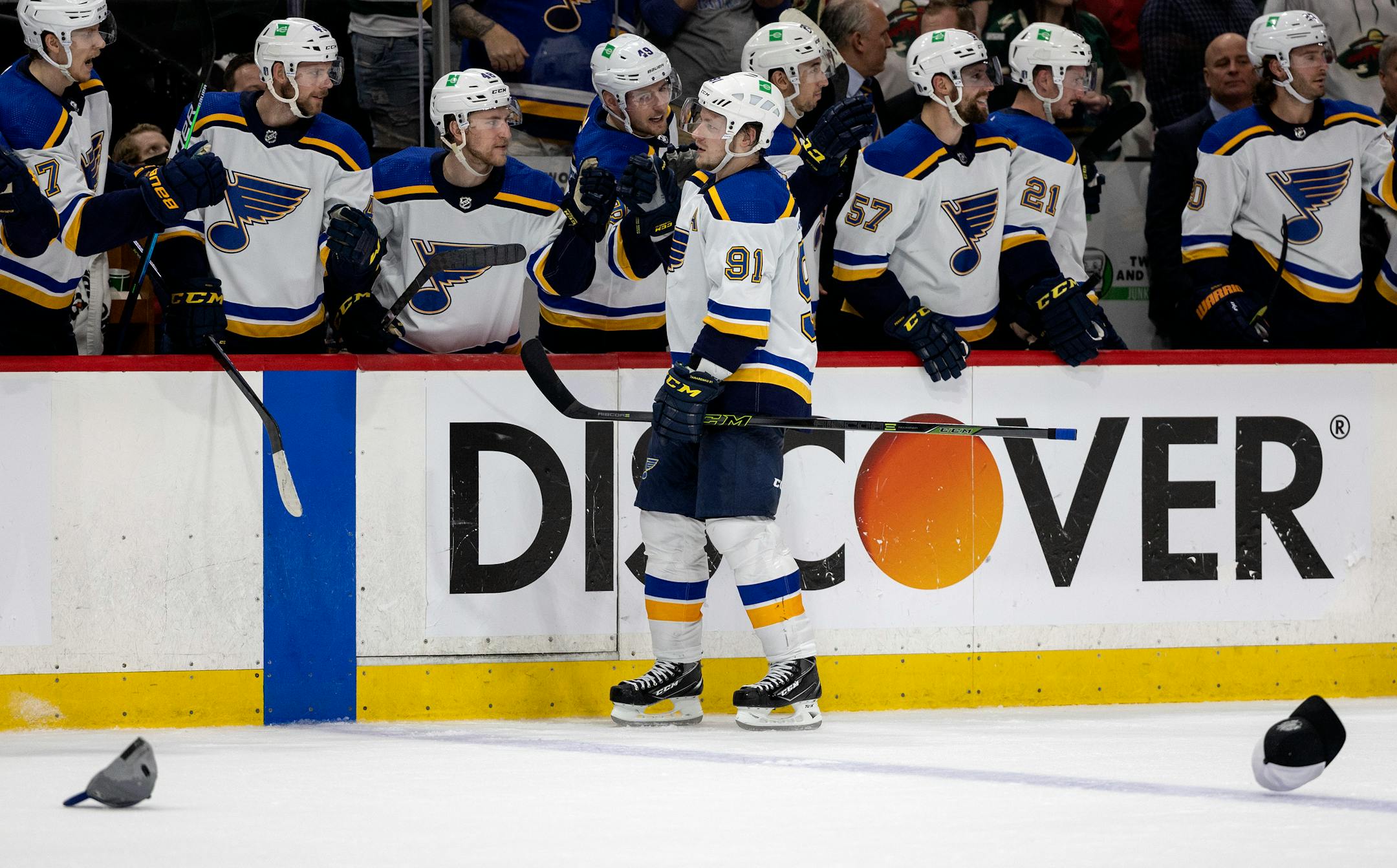 Vladimir Tarasenko (91) celebrates a hat trick with teammates in the third period.