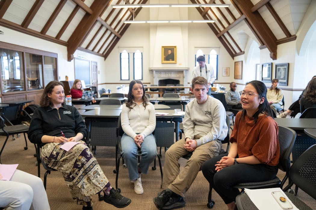 St. Olaf College students, from left, Leo Libet, Mattea Gines, Bobby Byrne and Gloriana Ye participate in a discussion Wednesday as part of a 