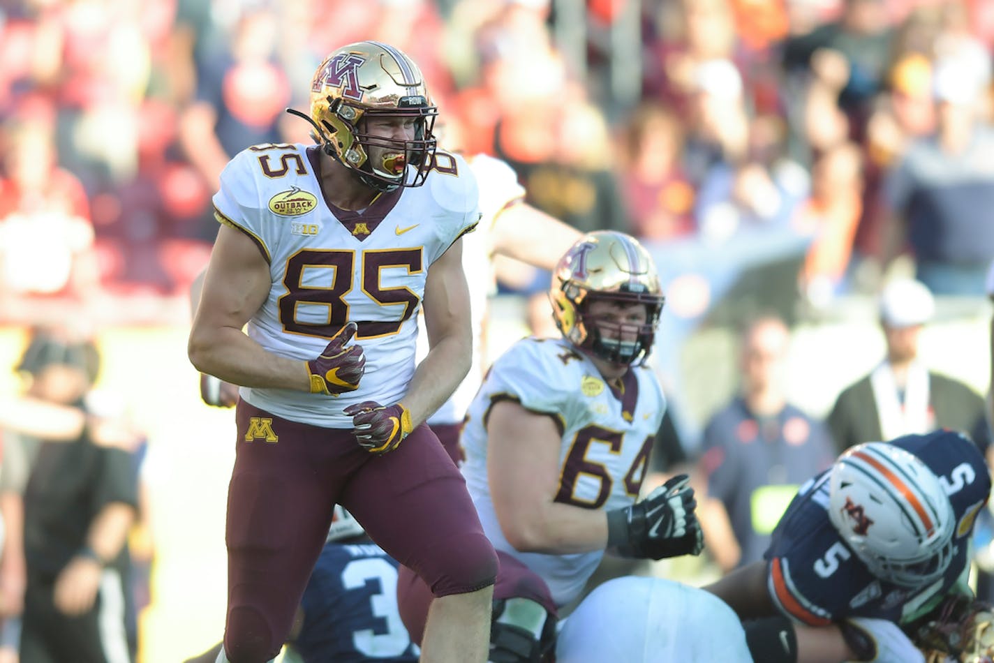 Minnesota Gophers tight end Bryce Witham (85) celebrated after a first down late in the fourth quarter, setting the Gophers up for victory formation and a win against the Auburn Tigers.