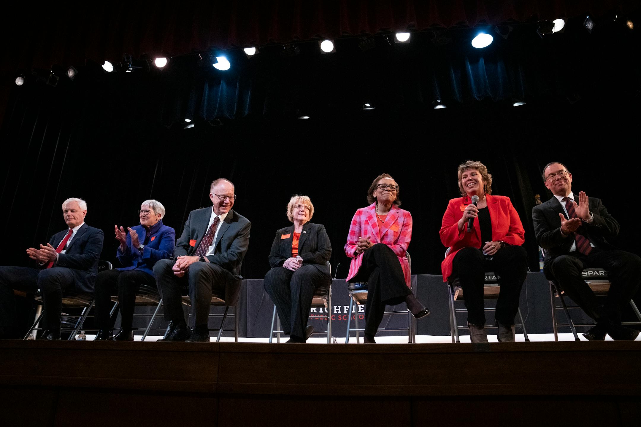 The Minnesota Supreme Court Justices gather for a Q&A with students after oral arguments in the case Cruz-Guzman v. State of Minnesota inside the auditorium at Richfield High School.