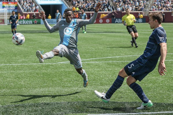 Minnesota United rookie forward Abu Danladi (9), shown here in a May 7 match against Sporting Kansas City, left Sunday's 2-1 loss to Los Angeles in th