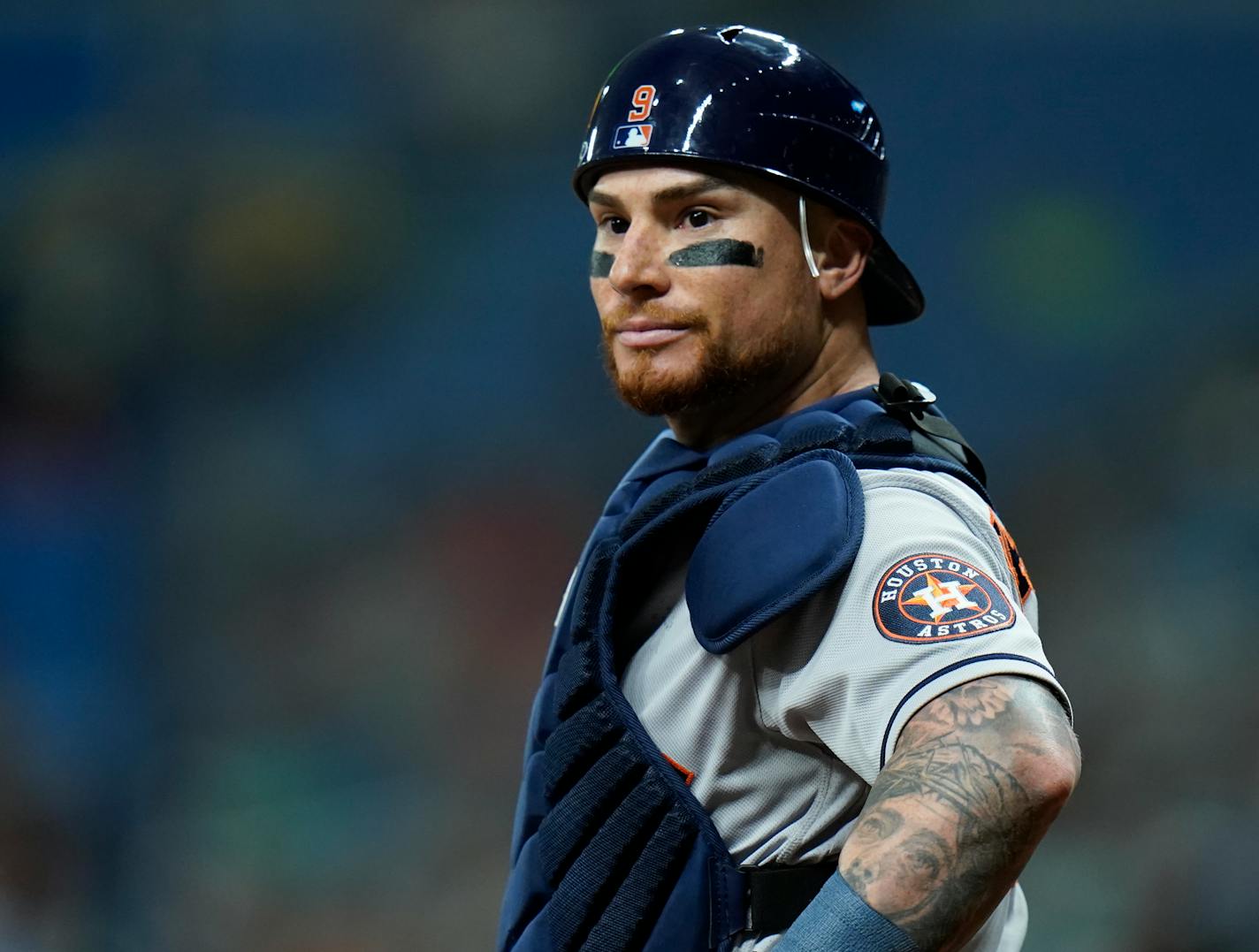 Houston Astros catcher Christian Vazquez during the first inning of a baseball game against the Tampa Bay Rays Monday, Sept. 19, 2022, in St. Petersburg, Fla. (AP Photo/Chris O'Meara)