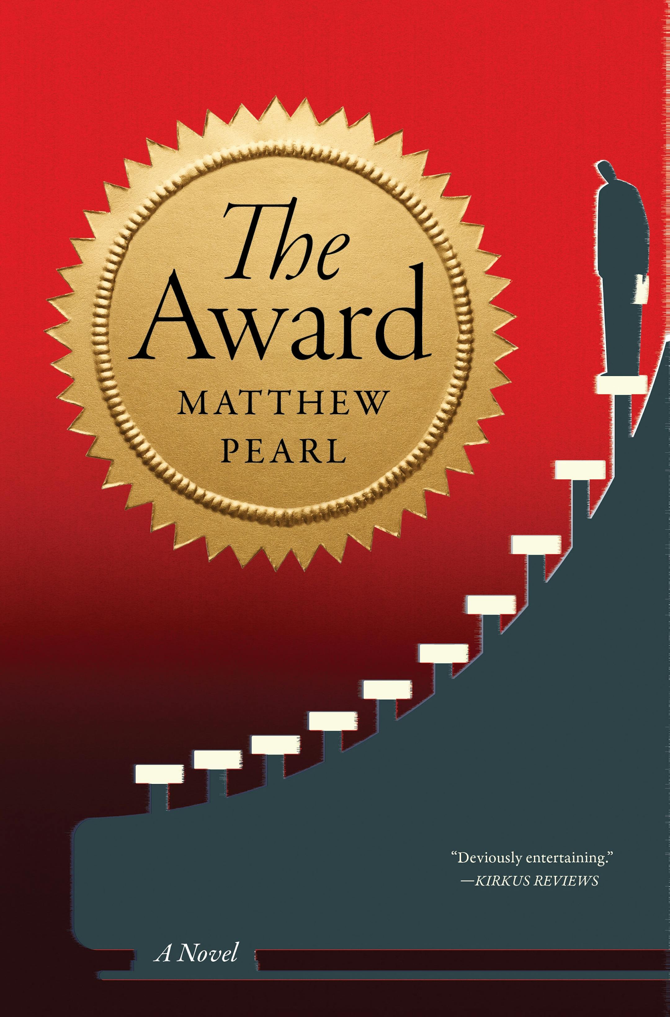 cover of The Award is an illustration of a man perched at the top of a giant typewriter