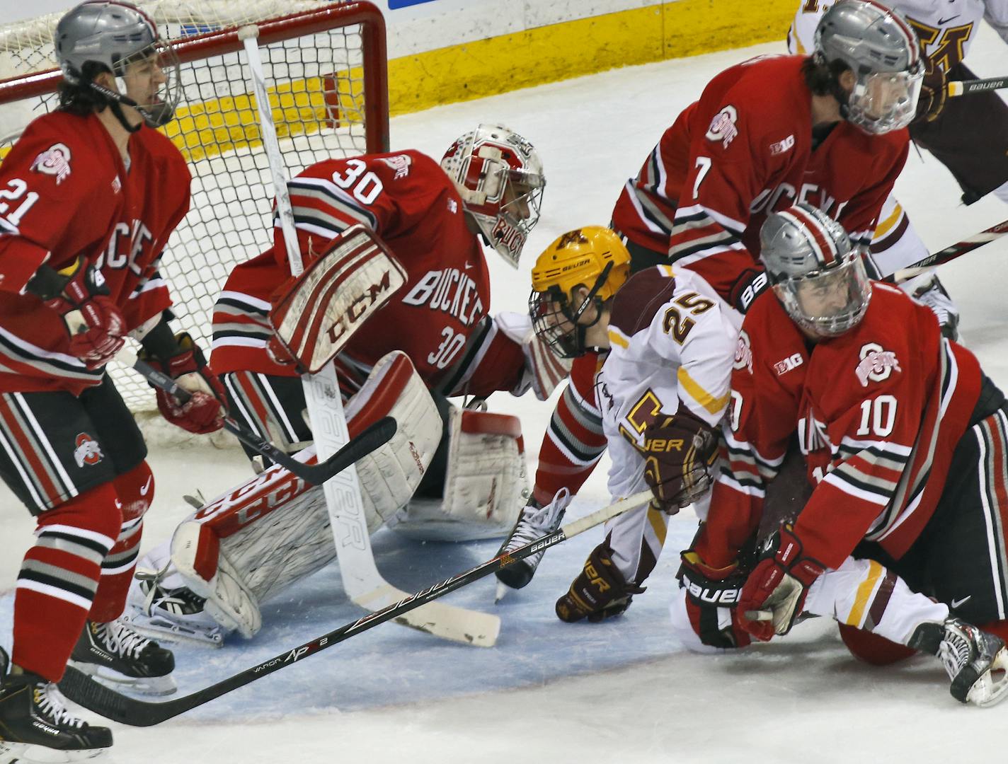 Buckeyes took care of business including Gophers Justin Kloos in front of the net. ] Big Ten Mens Hockey Tournament - Minnesota Gophers vs. Ohio State Buckeyes. Ohio State won 3-1. (MARLIN LEVISON/STARTRIBUNE(mlevison@startribune.com)