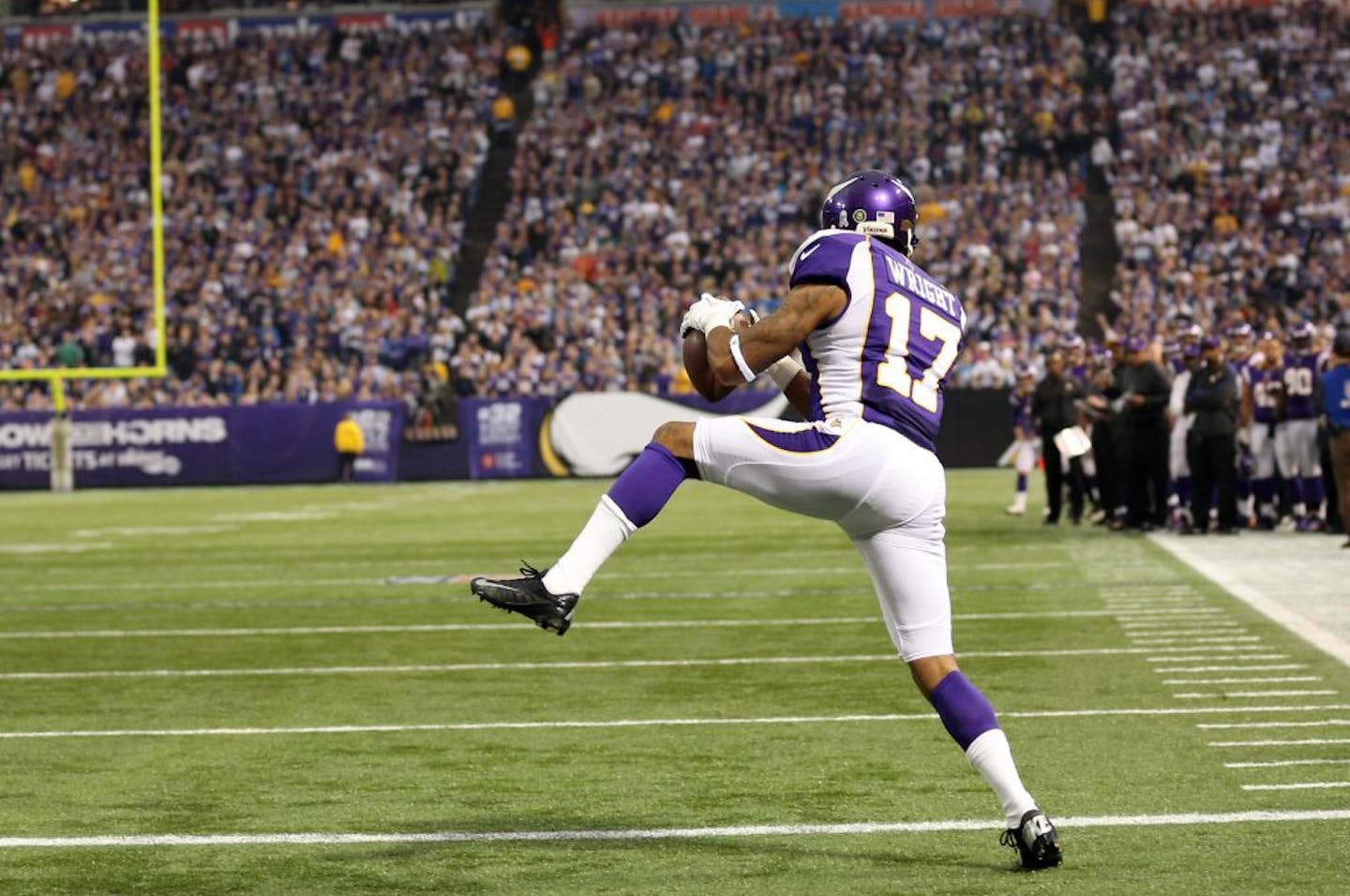 Vikings receiver Jarius Wright caught this 3-yard touchdown pass against the Lions, two plays after catching first NFL pass — a 54-yarder from Christian Ponder.