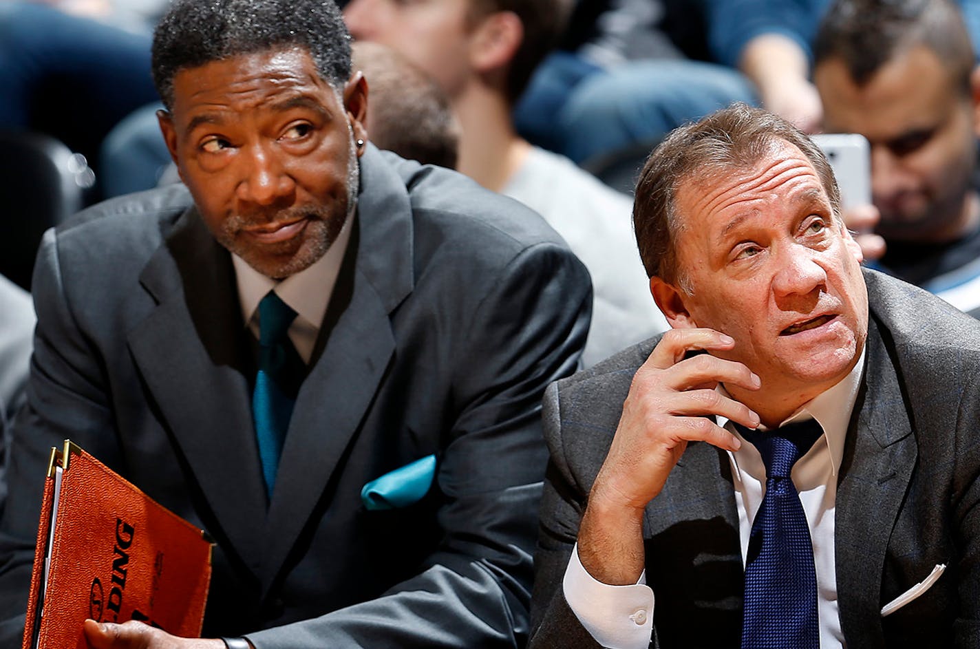 Minnesota Timberwolves coaches Sam Mitchell and Flip Saunders late in the game. Dallas beat Minnesota by a final score of 98-75. ] CARLOS GONZALEZ cgonzalez@startribune.com, January 21, 2015, Minneapolis, Minn., Target Center, NBA, Minnesota Timberwolves vs. Dallas Mavericks