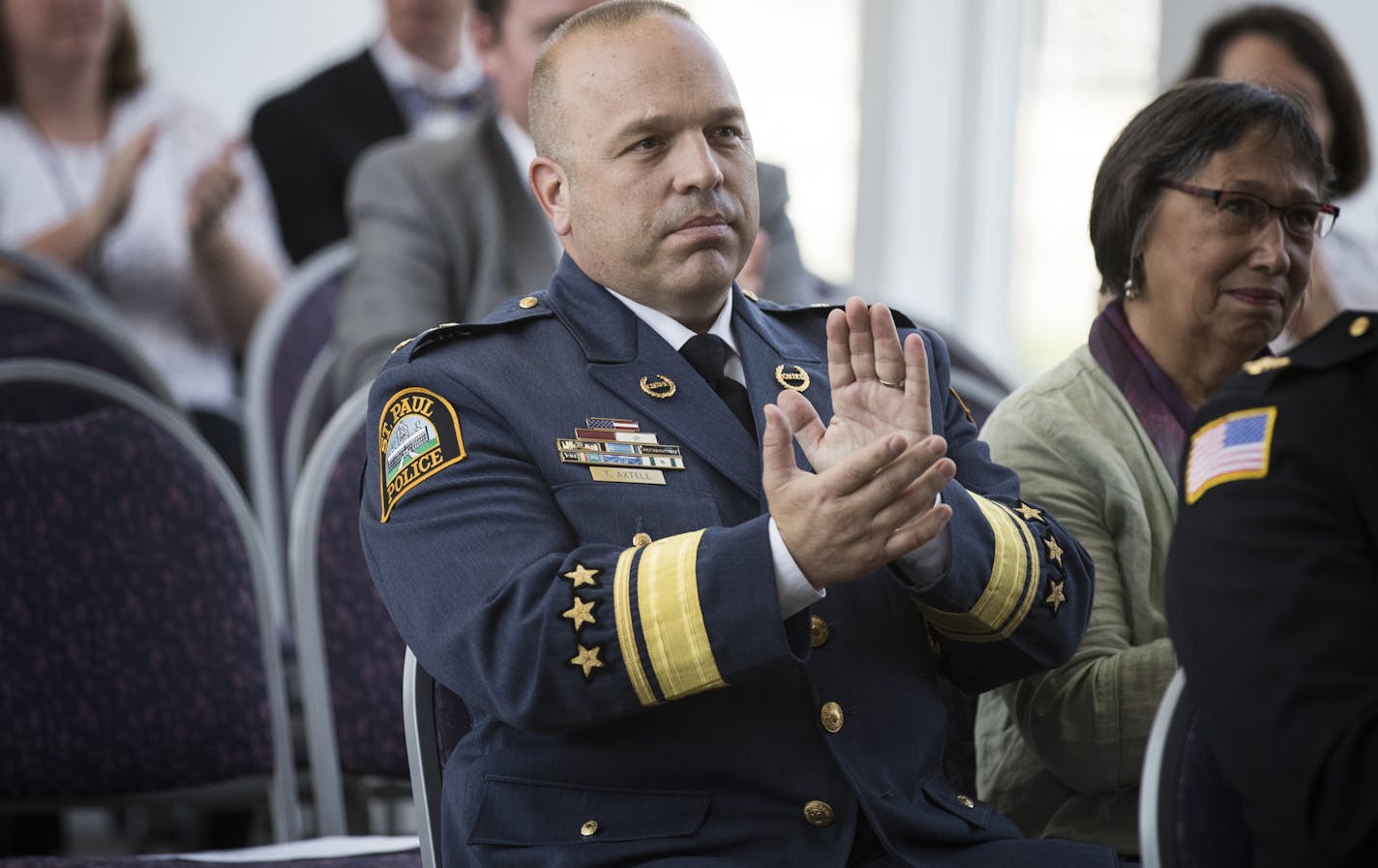 St. Paul Police Chief Todd Axtell listens to the budget address. ] (Leila Navidi/Star Tribune) leila.navidi@startribune.com BACKGROUND INFORMATION: St. Paul Mayor Chris Coleman delivers his annual budget address at Metropolitan State University in St. Paul on Tuesday, August 9, 2016.