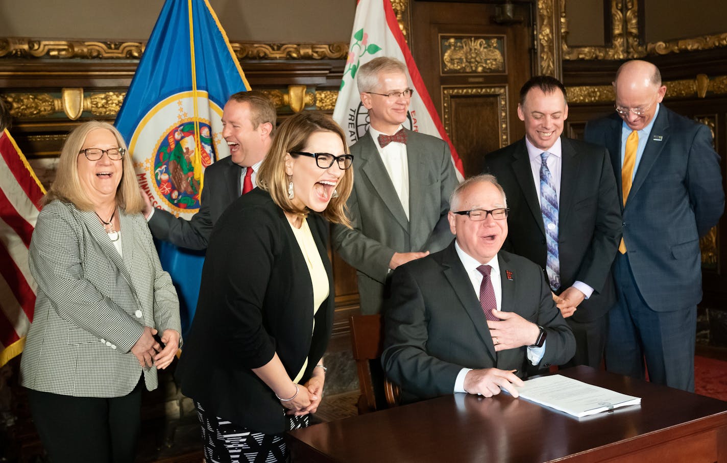 Governor Tim Walz and Lt. Governor laughed after Sue Abderholden of NAMI thanked Star Tribune reporter Andy Mannix for his series of stories that spurred this legislation. The Governor said she could have given his speech. ] GLEN STUBBE &#x2022; glen.stubbe@startribune.com Friday, June 14, 2019 Surrounded by stakeholders in the bill, Governor Walz signed a series of bills passed during the legislative session including the Correctional Administrative and Disciplinary Segregation Use Guidelines s