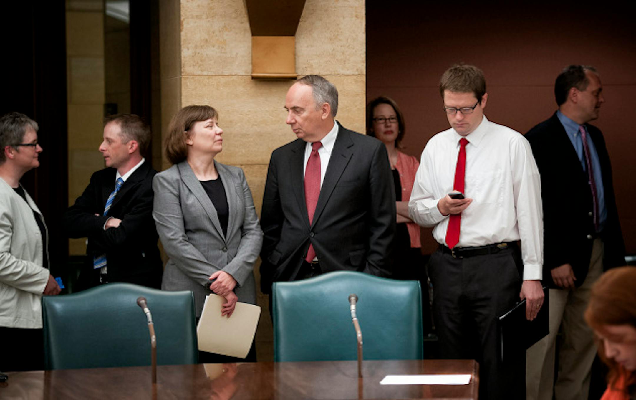 Stinson talked with successor Laura Kalambokidis  before the news conference.  Minnesota Management & Budget Commissioner Jim Schowalter and State Economist Dr. Tom Stinson announced Monday, June 3, 2013 that Stinson will be retiring.  Dr. Laura Kalambokidis, a professor of applied economics at the University of Minnesota has been named his successor.          ]   GLEN STUBBE * gstubbe@startribune.com
