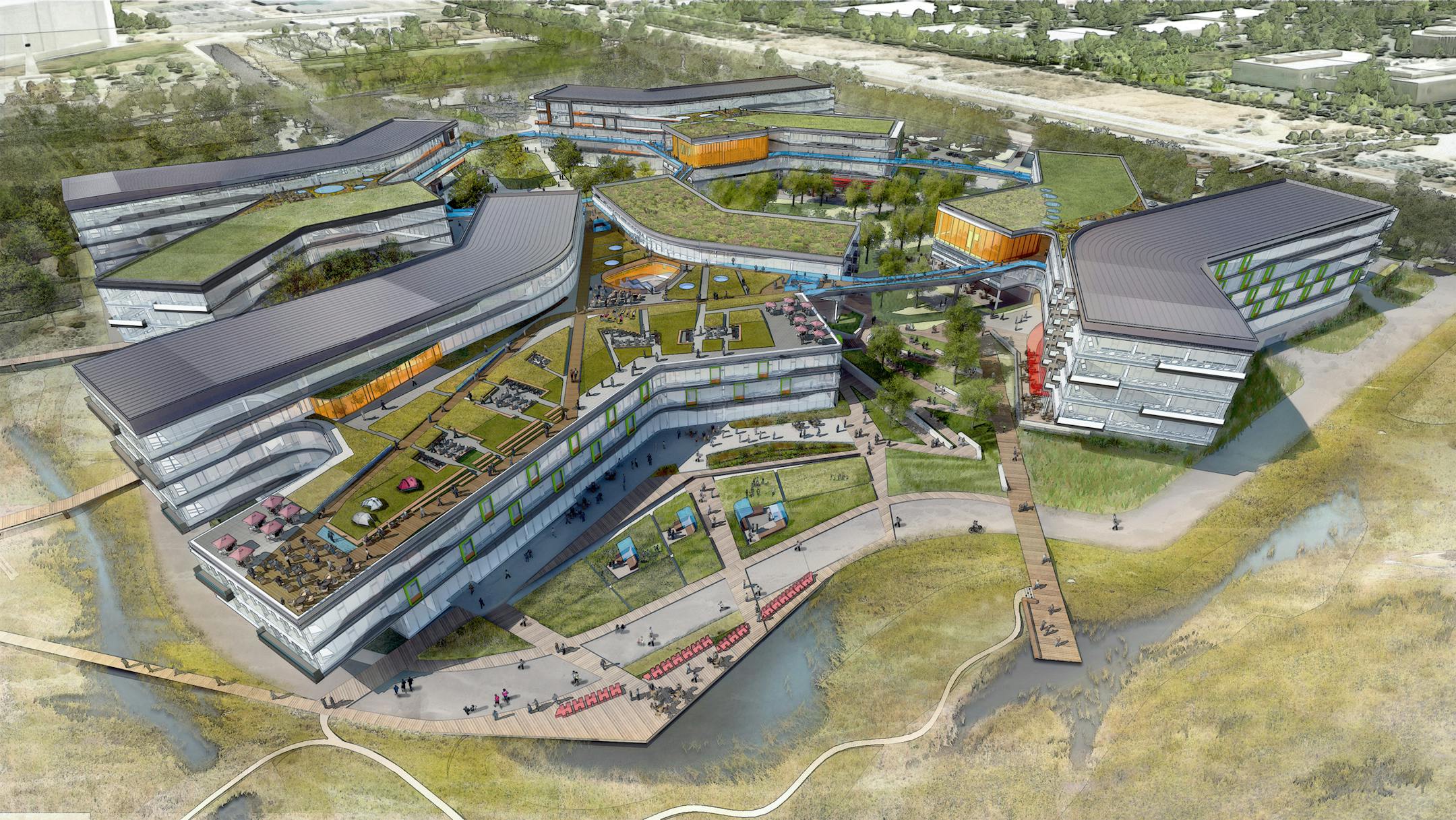 An architectural rendering of the new Google headquarters campus under construction in Mountain View, California is shown in this undated handout photo released to the media on April 23, 2013. Architect NBBJ links the nine buildings with raised pedestrian and bicycle bridges that cross landscaped courtyards and restored salt marshes. Source: NBBJ/Google via Bloomberg
EDITOR'S NOTE: EDITORIAL USE ONLY. NO SALES.