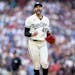 Minnesota Twins pitcher Pablo Lopez (49) reacts after a strikeout in Game 1 of the 2023 ALDS, a Twins victory that snapped an 18-game postseason losin