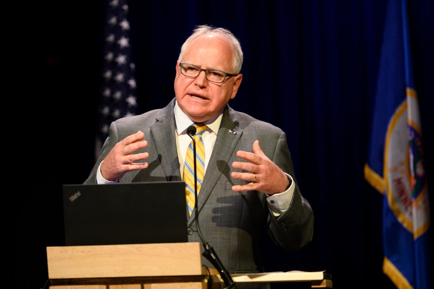 Minnesota Gov. Tim Walz took part in a news conference Thursday in St. Paul to announce the learning plan for the state's schools for the upcoming school year.