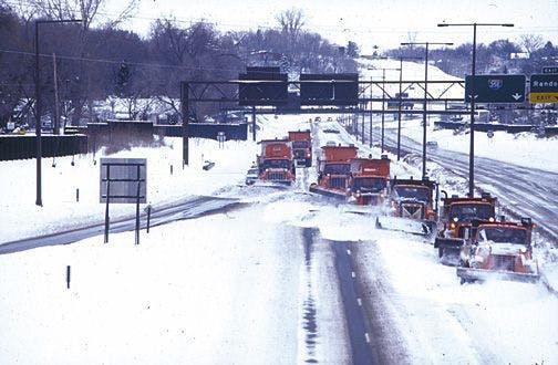 As common as the sight of a snowplow is in Minnesota, the sight of a gang of plows still can be imposing to drivers. The technique, in which the plows work in tight formation, is used when a storm drops more than 4 inches of snow, said Norm Ashfeld, metro-division maintenance engineer for the Minnesota Department of Transportation (MnDOT). But because it clogs traffic, it's done mostly at night. "We get calls constantly, and people say, 'Your trucks are holding me up,' " Ashfeld said. "I don't k