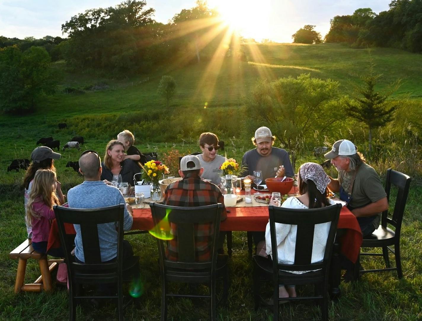 Matt Maier hosts a family dinner on Thousand Hills' 600-acre ranch in Clearwater, near the junction of the Clearwater and Mississippi rivers. The Thousand Hills brand, which encompasses 60 family farms nationwide that practice regenerative agriculture, is providing hides for Timberland's first shoes made of regenerative leather, released on Oct. 1.