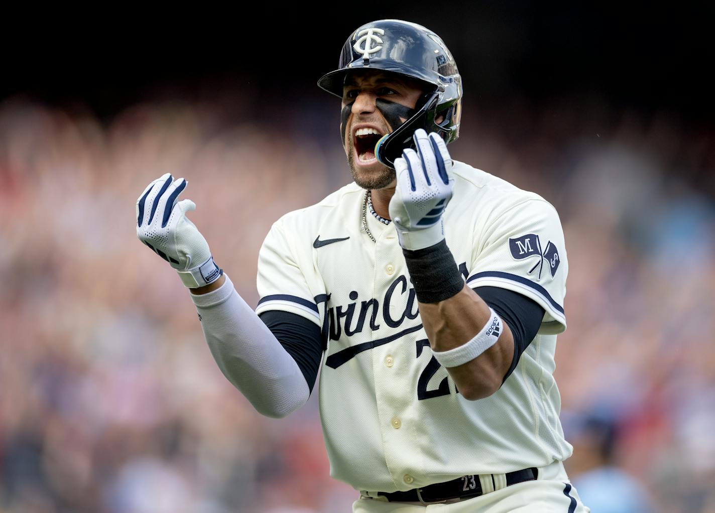 Royce Lewis of the Minnesota Twins celebrates after hitting a two run homerun in the first inning during Game 1 of the Wild Card series, Tuesday, October 3, 2023, at Target Field in Minneapolis, Minn. ] CARLOS GONZALEZ • carlos.gonzalez@startribune.com