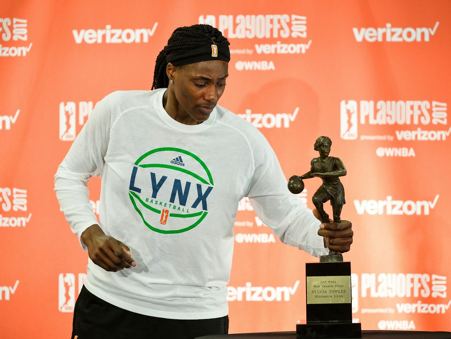 Minnesota Lynx center Sylvia Fowles (34) was awarded the status of WNBA's Most Valuable Player before Thursday night's semifinals game between the Minnesota Lynx and the Washington Mystics.