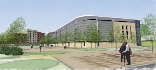 The Federal Reserve Bank of Minneapolis wants to build an 800-stall parking garage. Rendering courtesy BWBR