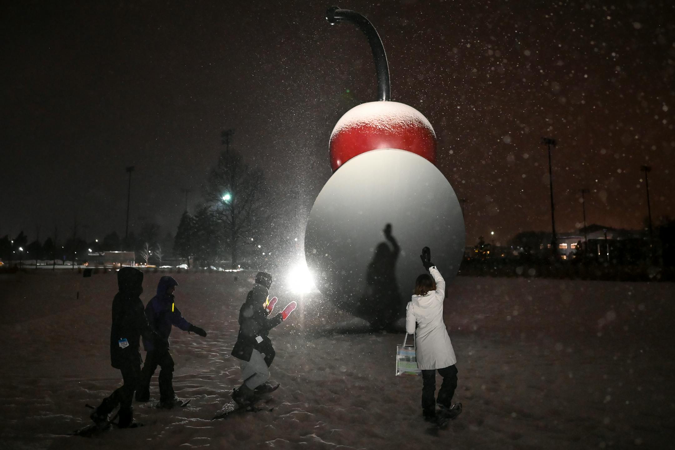 Walker volunteer tour guide Kathy Spraitz waved to her shadow on the underside of "Spoonbridge and Cherry" while leading a group on a guided snowshoe tour of the Minneapolis Sculpture Garden.