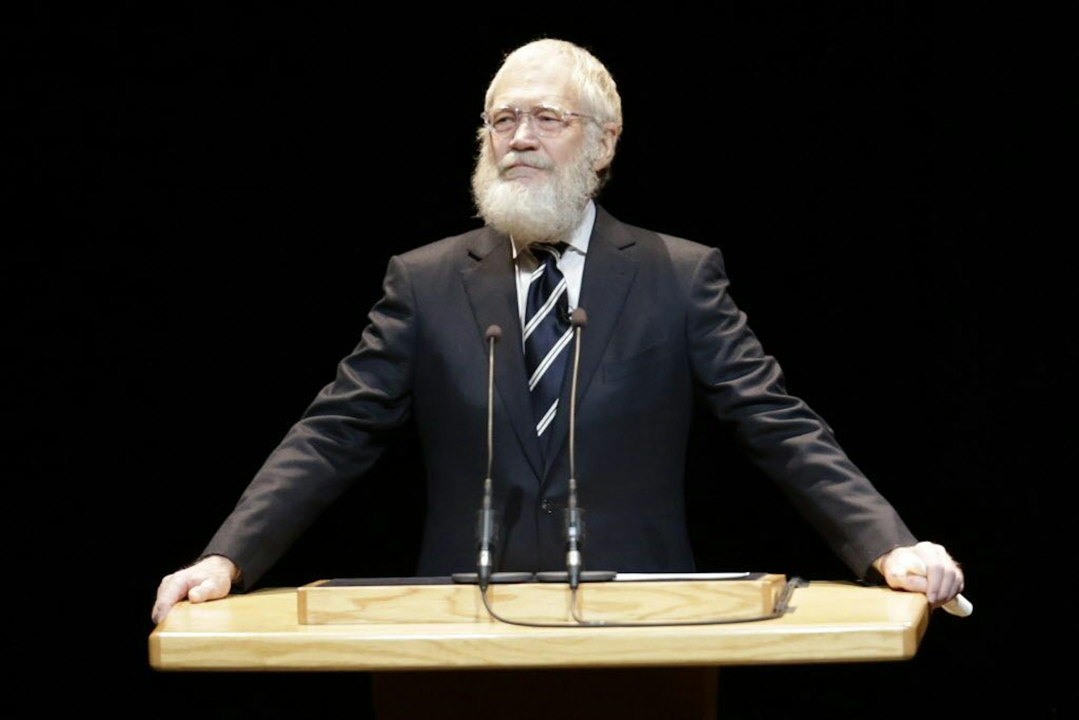 David Letterman speaks at his alma mater, Ball State University in Muncie, Ind., Nov. 30, 2015.