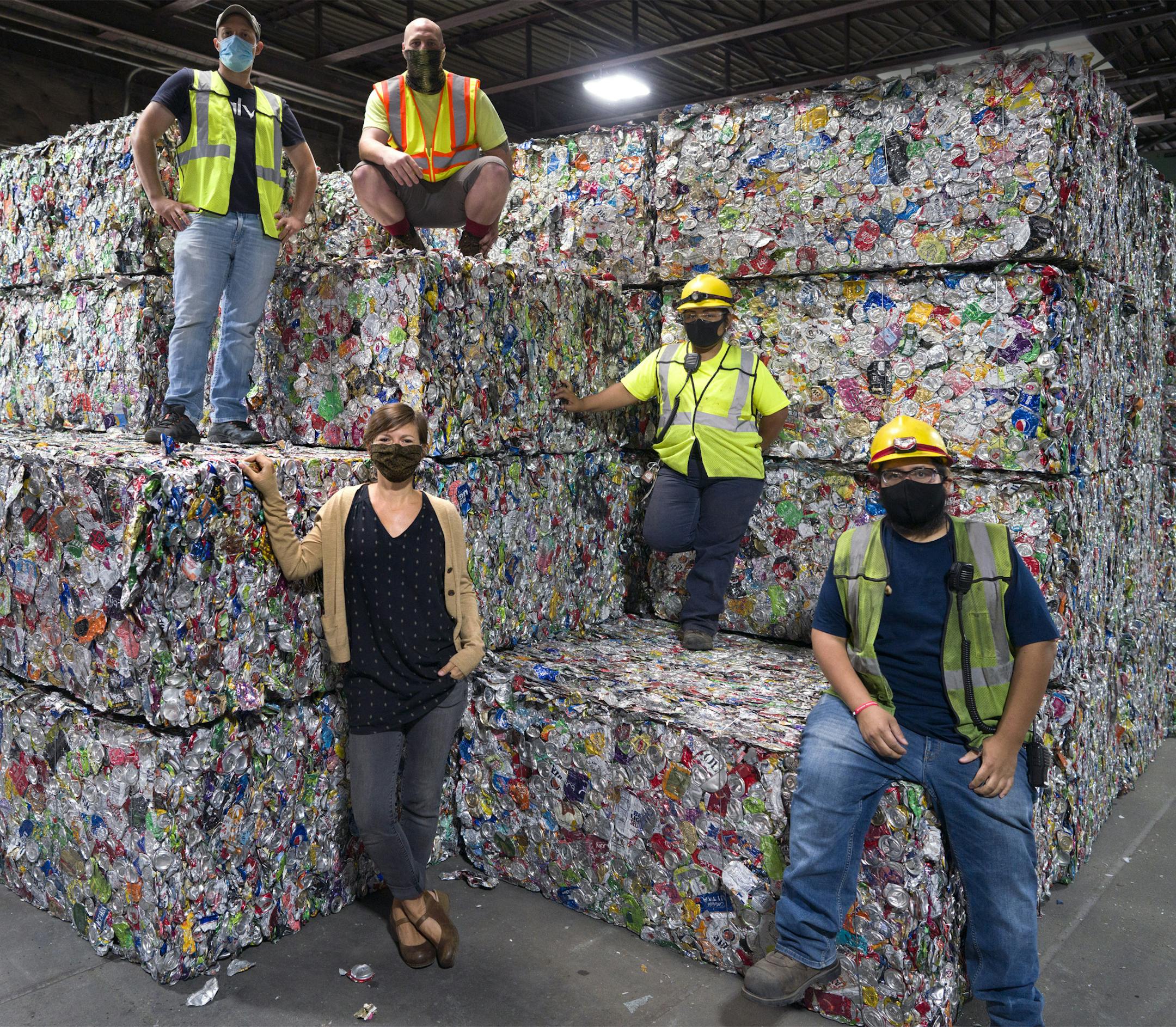 Eureka Recycling had to shift into overdrive when everybody stayed home because of Covid-19. Lynn Hoffman (Bottom left) Fabio Dierings, Ranson Reyes, Marcela Ramirez, Jose Hernandez (Clockwise from top) brian.peterson@startribune.com Minneapolis, MN Wednesday, July 22, 2020
