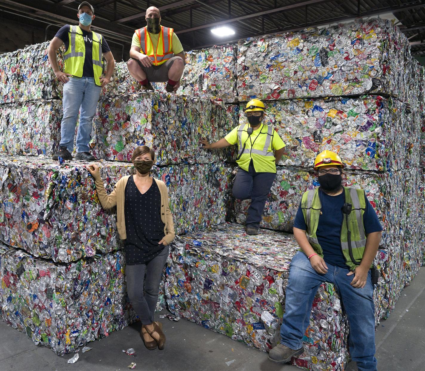 Eureka Recycling had to shift into overdrive when everybody stayed home because of Covid-19. Lynn Hoffman (Bottom left) Fabio Dierings, Ranson Reyes, Marcela Ramirez, Jose Hernandez (Clockwise from top) brian.peterson@startribune.com Minneapolis, MN Wednesday, July 22, 2020