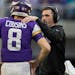 Vikings interim offensive coordinator Kevin Stefanski talked with Kirk Cousins during a game last month.