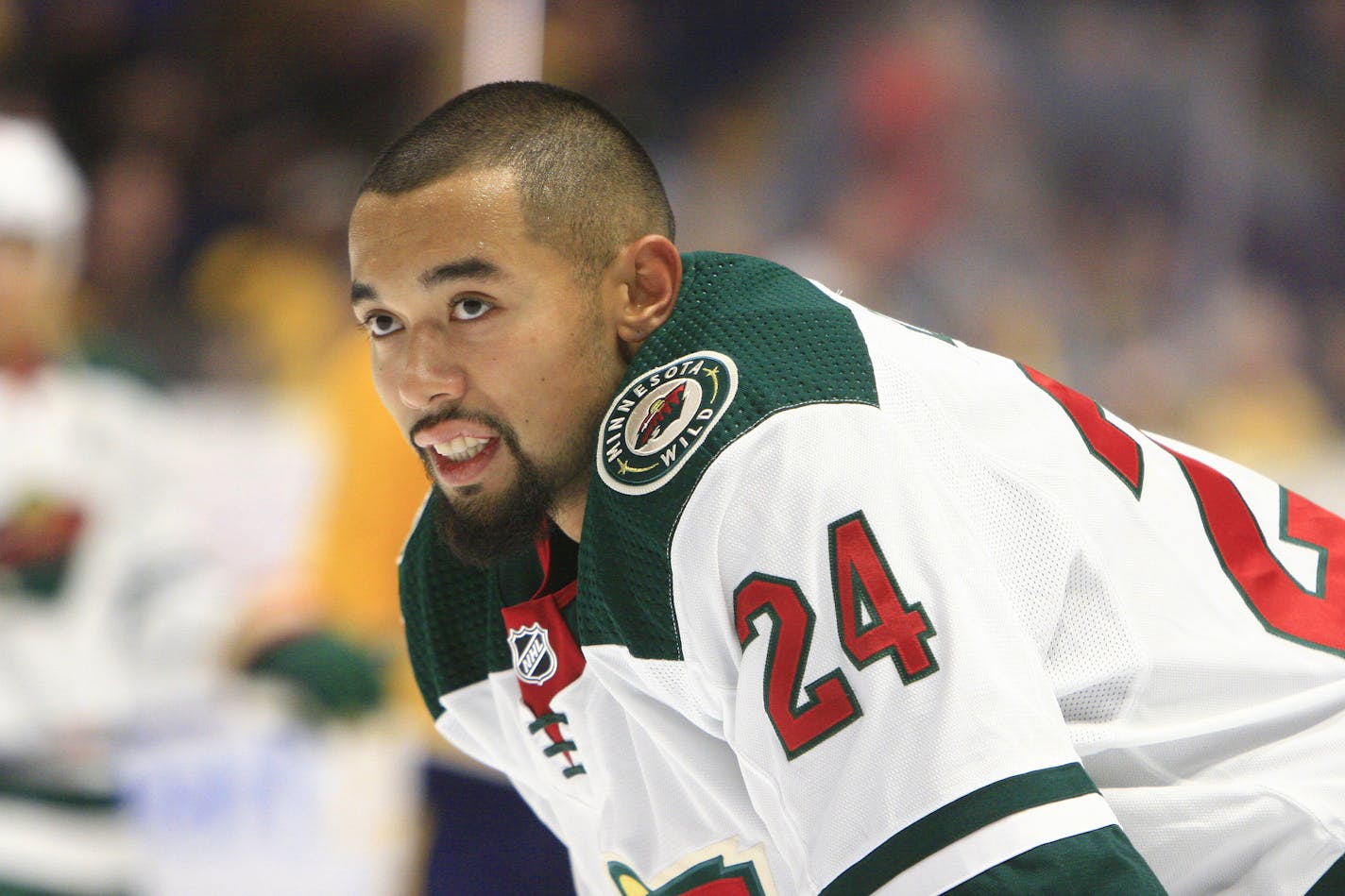 NASHVILLE, TN - OCTOBER 15: Minnesota Wild defenseman Matt Dumba (24) is shown prior to the NHL game between the Nashville Predators and the Minnesota Wild, held on October 15, 2018, at Bridgestone Arena in Nashville, Tennessee. (Photo by Danny Murphy/Icon Sportswire) (Icon Sportswire via AP Images) ORG XMIT: 309697