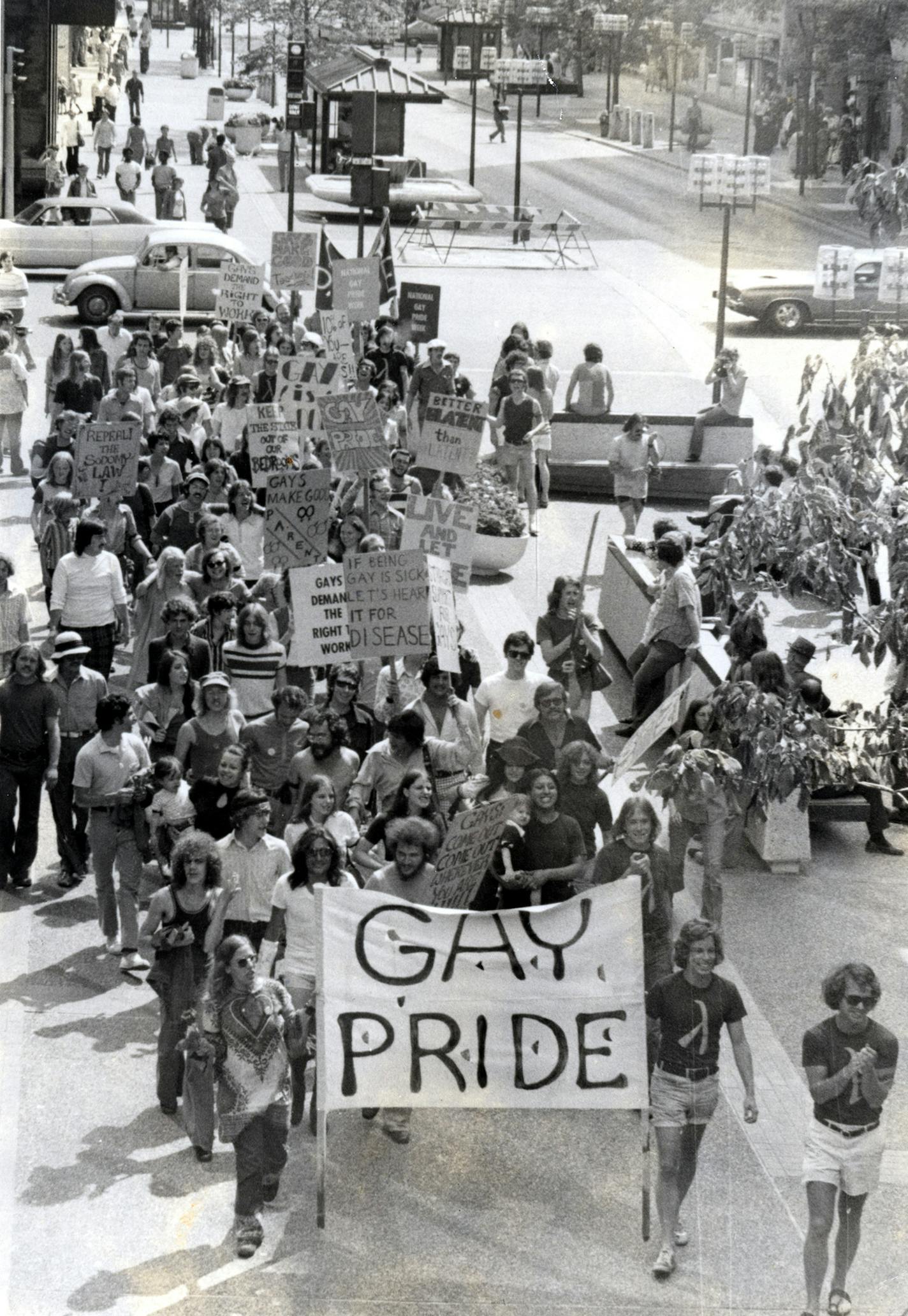 This photo shows the second gay pride march on the Nicollet Mall in 1973. Image courtesy of the Tretter Collection in GLBT Studies.