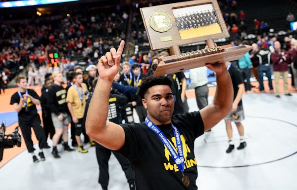 Junior heavyweight Gable Steveson celebrated Apple Valley&#x2019;s victory over Anoka in the team finals of the Class 3A wrestling championships.