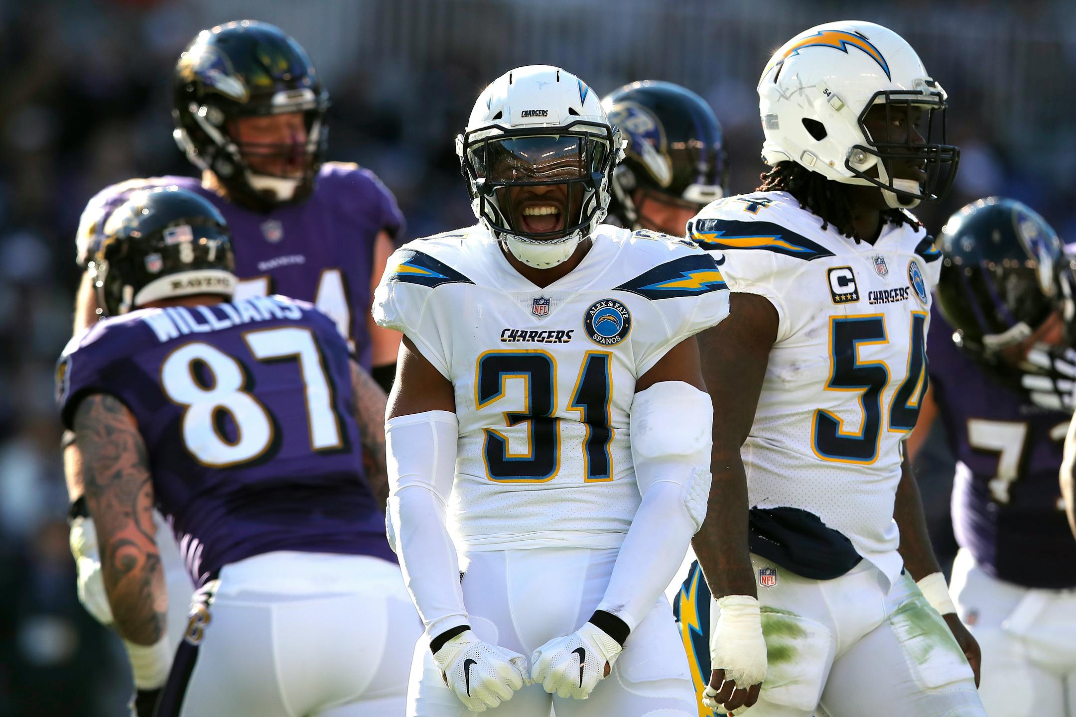 Los Angeles Chargers defensive back Adrian Phillips (31) reacts after a play in the first half of an NFL wild card playoff football game against the Baltimore Ravens, Sunday, Jan. 6, 2019, in Baltimore. (AP Photo/Carolyn Kaster)