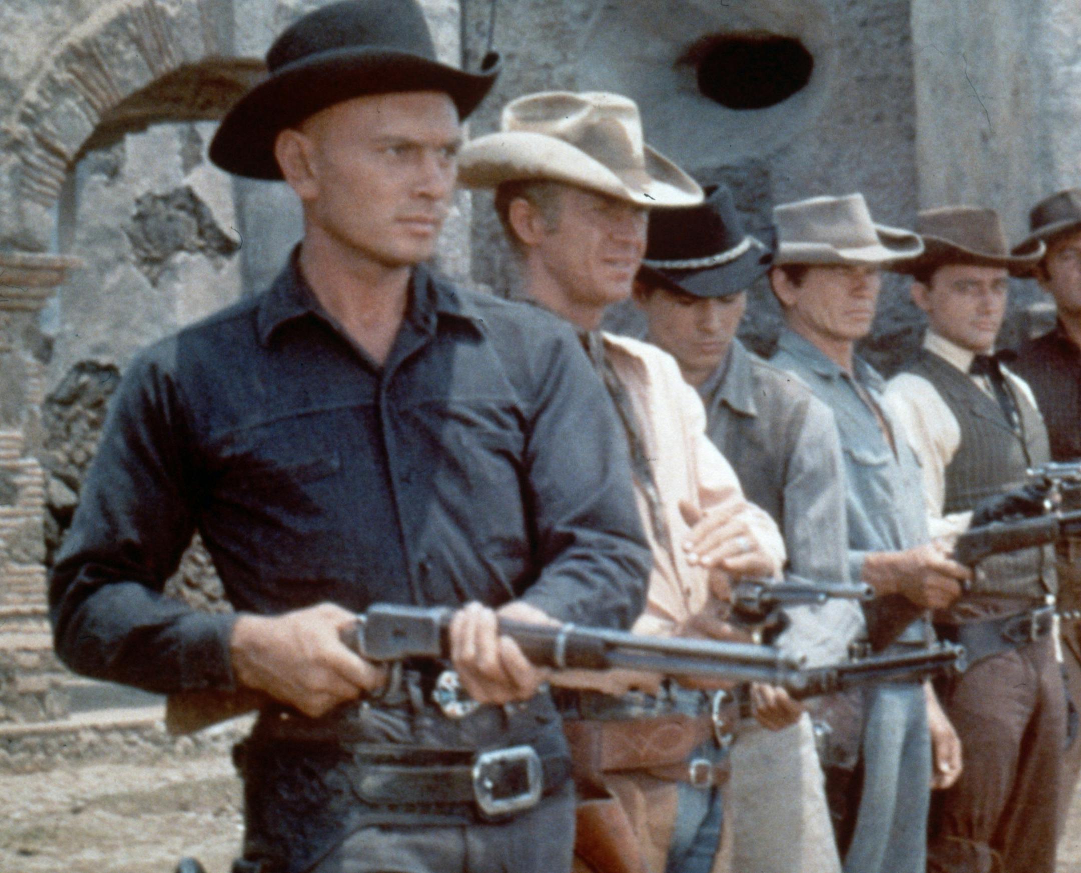 Shown is a scene from the 1960 movie classic "The Magnificent Seven." The all-star cast includes (left to right) Yul Brynner, Steve McQueen, Horst Buchholz, Charles Bronson, Robert Vaughn, Brad Dexter, and James Coburn. Photo courtesy of United Artists, now (2001) on DVD from MGM Home Entertainment.