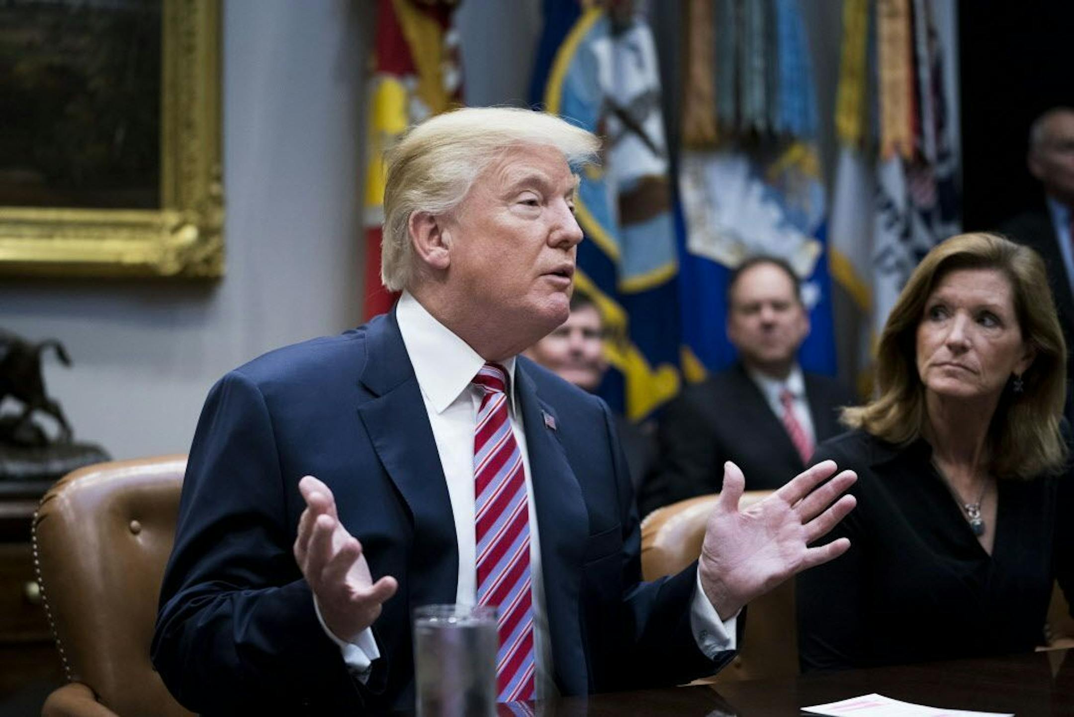 President Donald Trump speaks about tax policy during a meeting with business leaders in the Roosevelt Room of the White House, in Washington, Oct. 31, 2017.