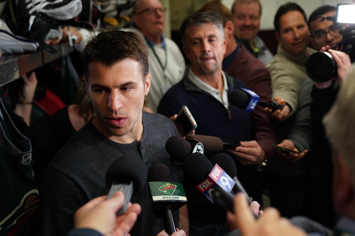 Minnesota Wild left winger Zach Parise (11) spoke with reporters in the locker room Tuesday. ] ANTHONY SOUFFLE &#x2022; anthony.souffle@startribune.com Minnesota Wild general manager Paul Fenton and head coach Bruce Boudreau gave a press conference as players emptied out the locker room days after the team's season ending loss to the Nashville Predators Tuesday, April 9, 2019 at the Xcel Energy Center in St. Paul, Minn.