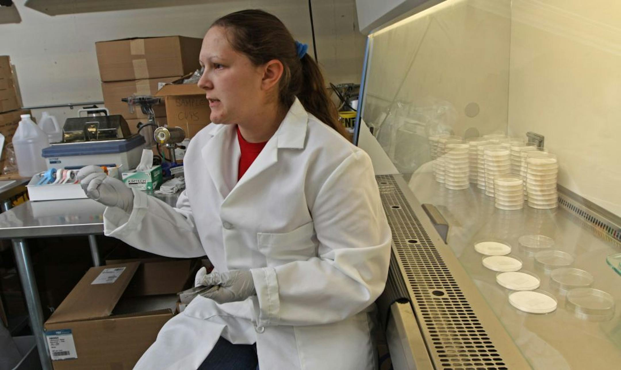Orbio Technologies Lab Tech Nicole Jorissen worked in the micro-biology lab, testing bacteria to determine if cleaning solutions killed bacteria. Orbio is an operation set up by Tennant about two years ago to further Tennant's goal of transforming itself from company that makes floor scrubbers to a tech-driven provider of sustainable cleaning products for all types of uses. A couple years ago we did a story on Tennant's first product in this area -- a technology that electrically charges water t