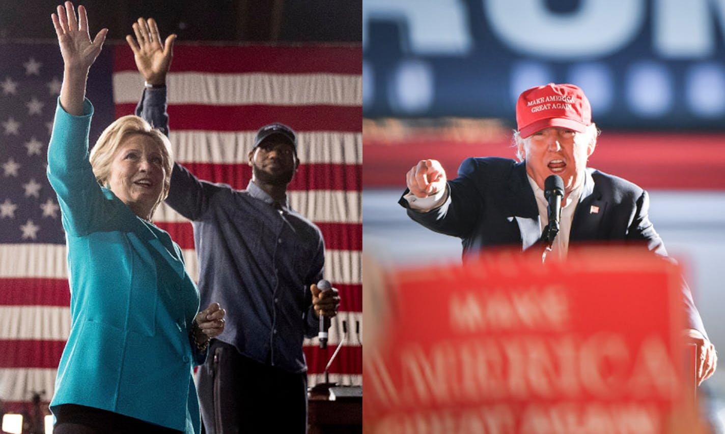 Hillary Clinton, accompanied by LeBron James, took the stage in Cleveland Sunday, while Donald Trump made a brief stop at the Sun Country hangar at Minneapolis-St. Paul Airport.