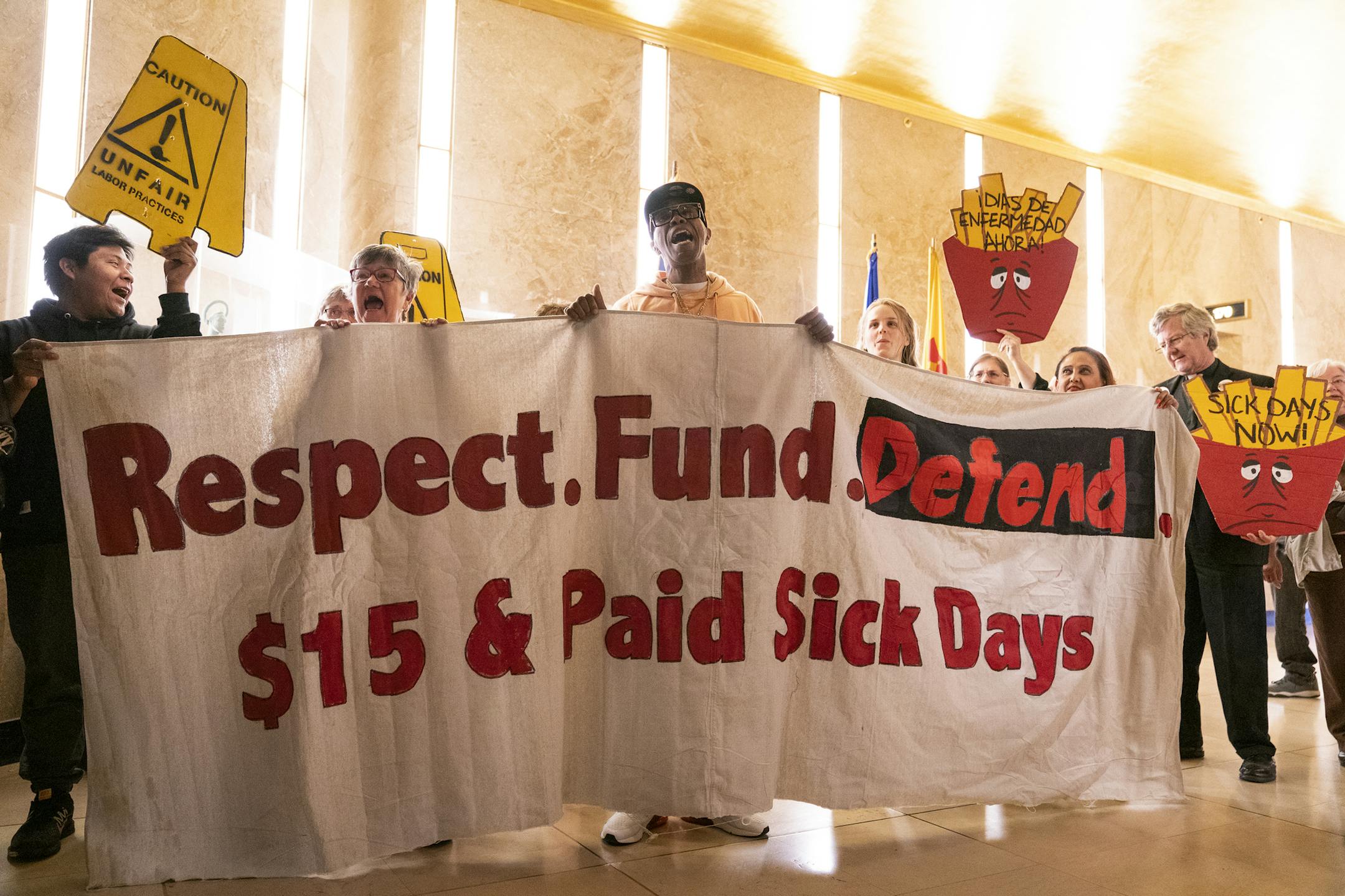 St. Paul workers who've filed complaints with the city about Earned Sick and Safe Time violations at their workplaces and organizers demonstrate at St. Paul City Hall. ] LEILA NAVIDI &#xa5; leila.navidi@startribune.com BACKGROUND INFORMATION: St. Paul workers who've filed complaints with the city about Earned Sick and Safe Time violations at their workplaces and organizers demonstrate at St. Paul City Hall and in the skyways on Wednesday, May 22, 2019. St. Paul's Earned Sick and Safe Time law we