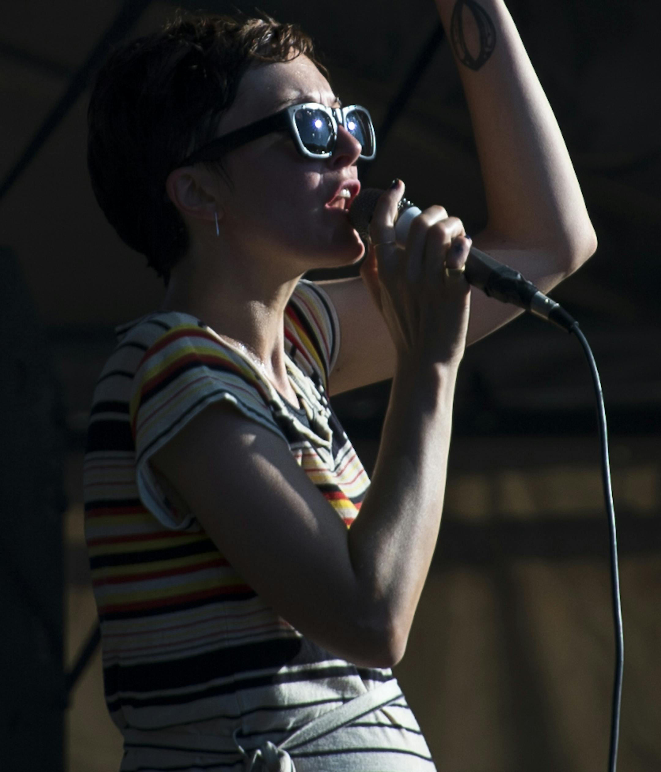 In this Saturday, July 18, 2015 photo, Polica performs at the Eaux Claires music festival in Eau Claire, Wis. (Aaron Lavinsky/Star Tribune via AP) MANDATORY CREDIT; ST. PAUL PIONEER PRESS OUT; MAGS OUT; TWIN CITIES LOCAL TELEVISION OUT