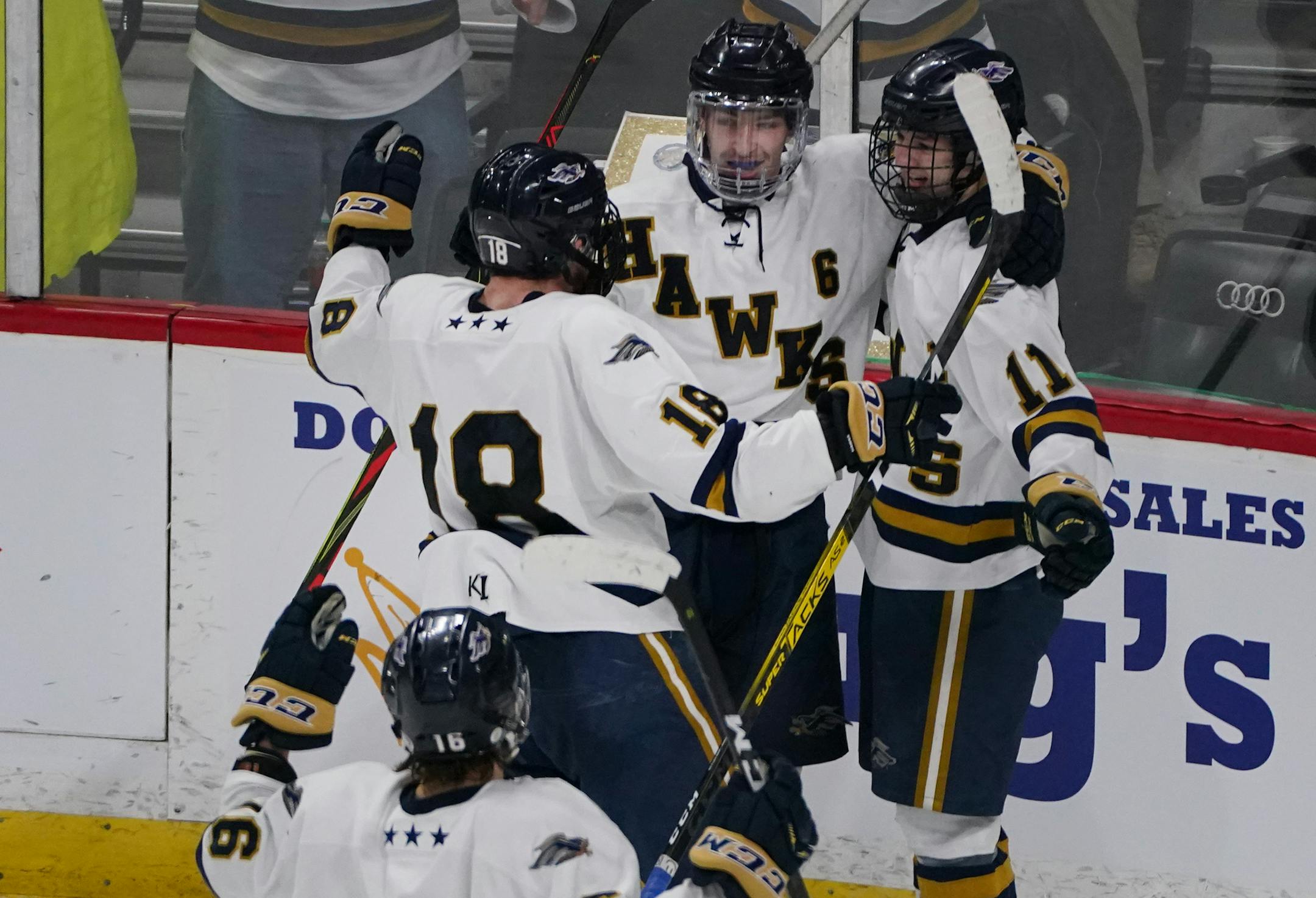 Hermantown defeated Monticello 7-1 in a Minnesota State Class 1A semifinal game inside Xcel Energy Center in St. Paul, Minn., on Wednesday, March 4, 2020. Here, Hawks teammates celebrate on the glass after Hermantown forward Aydyn Dowd (6) scored in the second period. ] Shari L. Gross • shari.gross@startribune.com Minnesota boys state class 1A semifinal hockey games at Xcel Energy Center in St. Paul, Wednesday, March 4, 2020. 11 a.m. Mankato East vs No. 2 St. Cloud Cathedral
1 p.m. Montic