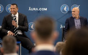 Alex Rodriguez, left, and Marc Lore answered questions during Monday’s news conference in Minneapolis.